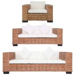 vidaXL Set canapea cu perne, 3 piese, ratan natural vidaXL Set canapea cu perne, 3 piese, ratan natural