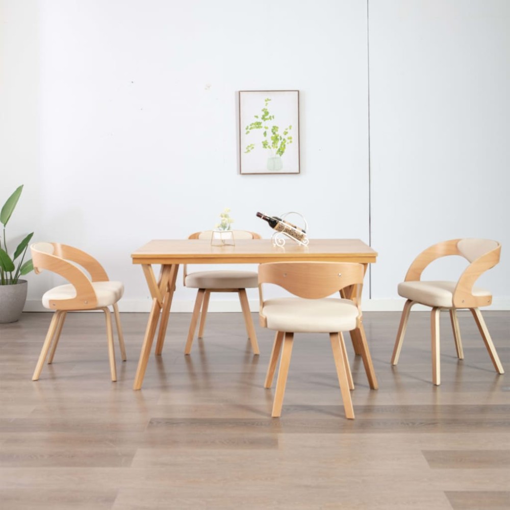 vidaXL Scaune de bucătărie, 4 buc, crem, lemn curbat & piele ecologică