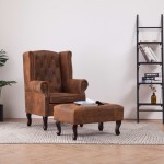 vidaXL Fotoliu Chesterfield și taburet, maro, imitație piele întoarsă vidaXL Fotoliu Chesterfield și taburet, maro, imitație piele întoarsă