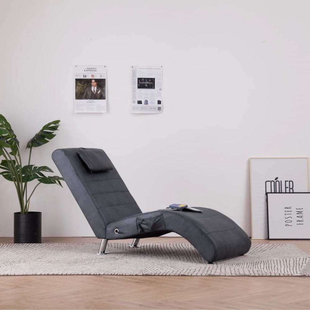 vidaXL Șezlong de masaj cu pernă, gri, piele întoarsă artificială
