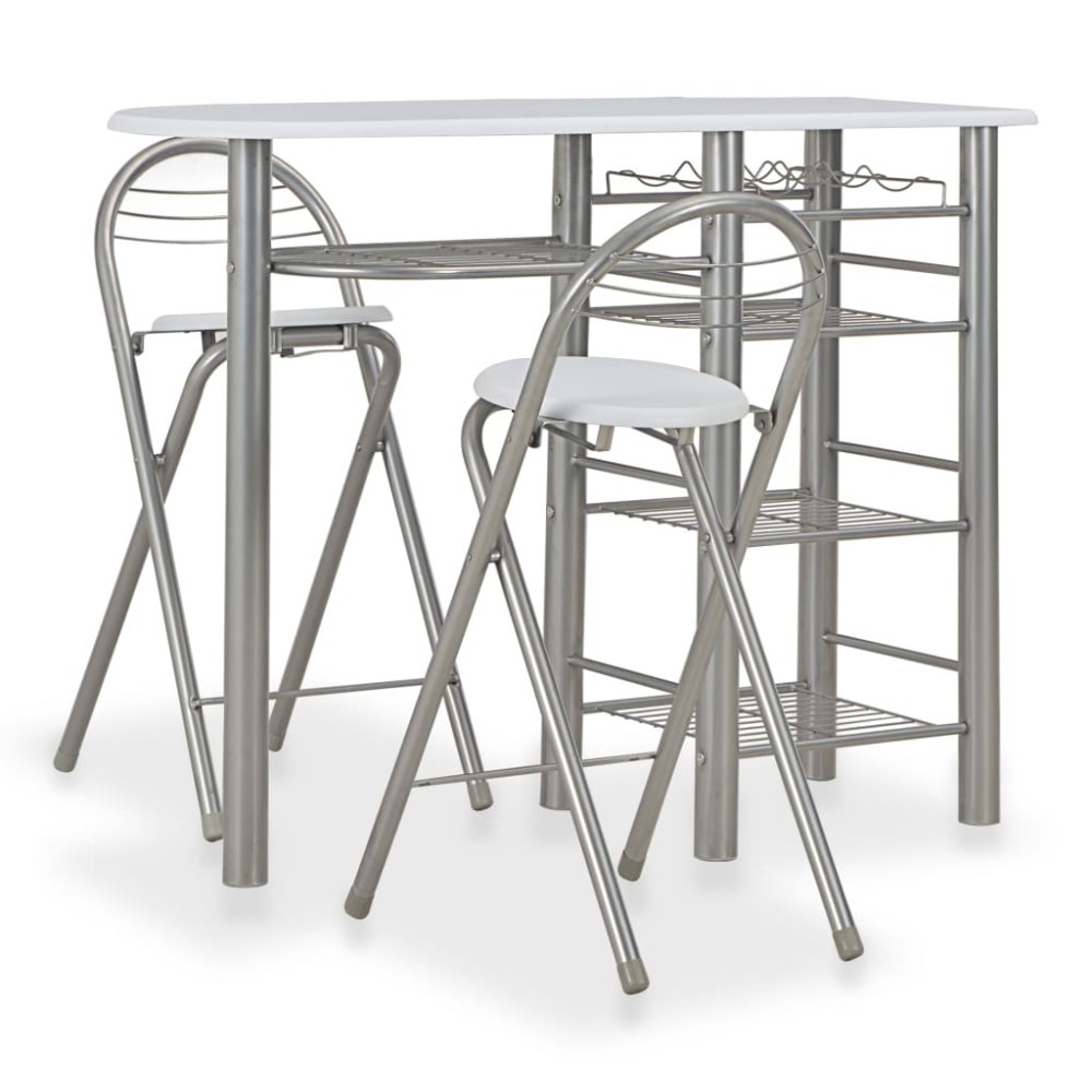 vidaXL Set mobilier de bar, cu rafturi, 3 piese, alb, lemn și oțel