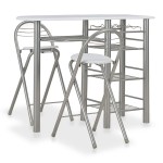 vidaXL Set mobilier de bar, cu rafturi, 3 piese, alb, lemn și oțel vidaXL Set mobilier de bar, cu rafturi, 3 piese, alb, lemn și oțel