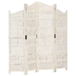 vidaXL Paravan cameră sculptat manual, 4 panouri, alb 160x165 cm mango vidaXL Paravan cameră sculptat manual, 4 panouri, alb 160x165 cm mango