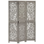 vidaXL Paravan cameră sculptat manual 3 panouri gri 120x165 cm mango vidaXL Paravan cameră sculptat manual 3 panouri gri 120x165 cm mango