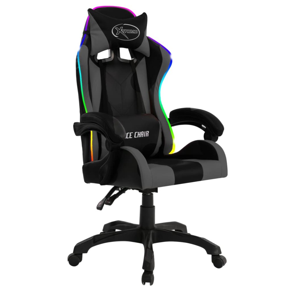 vidaXL Scaun de racing cu LED RGB, gri și negru, piele ecologică