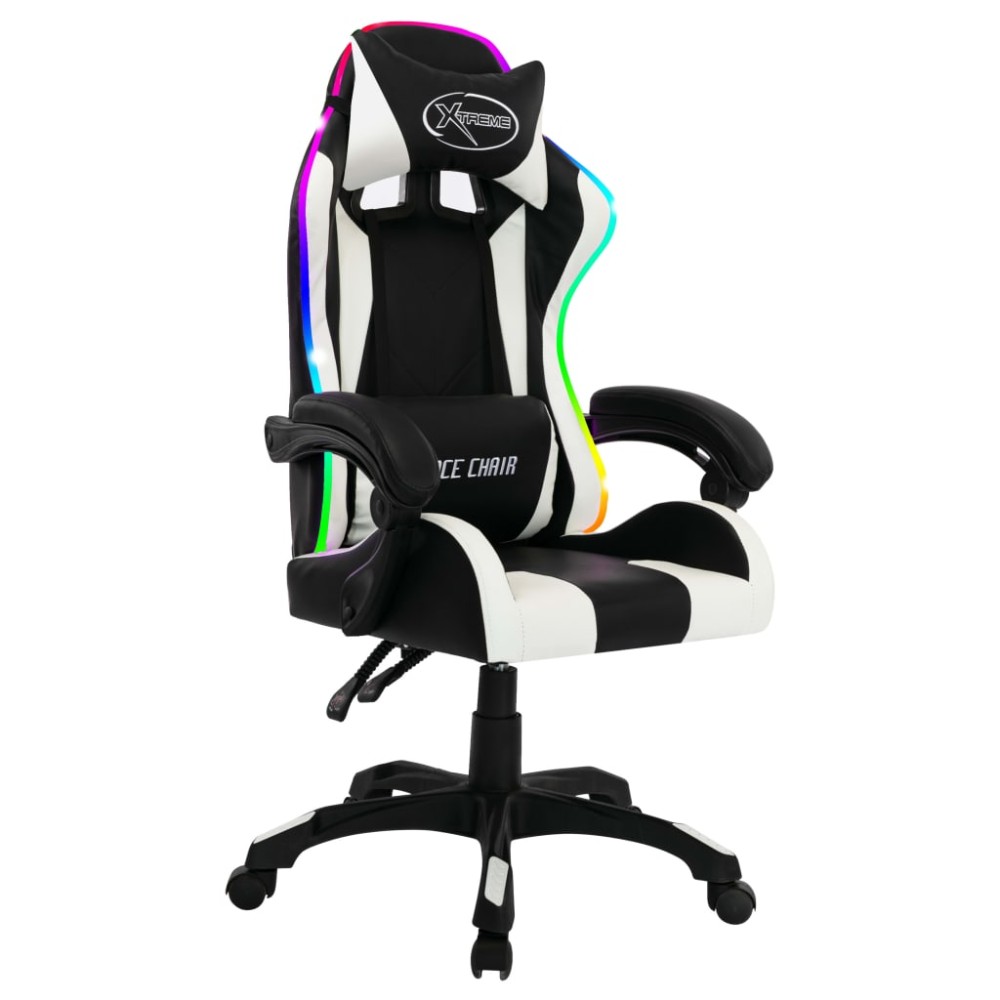 vidaXL Scaun de racing cu LED RGB, alb și negru, piele ecologică