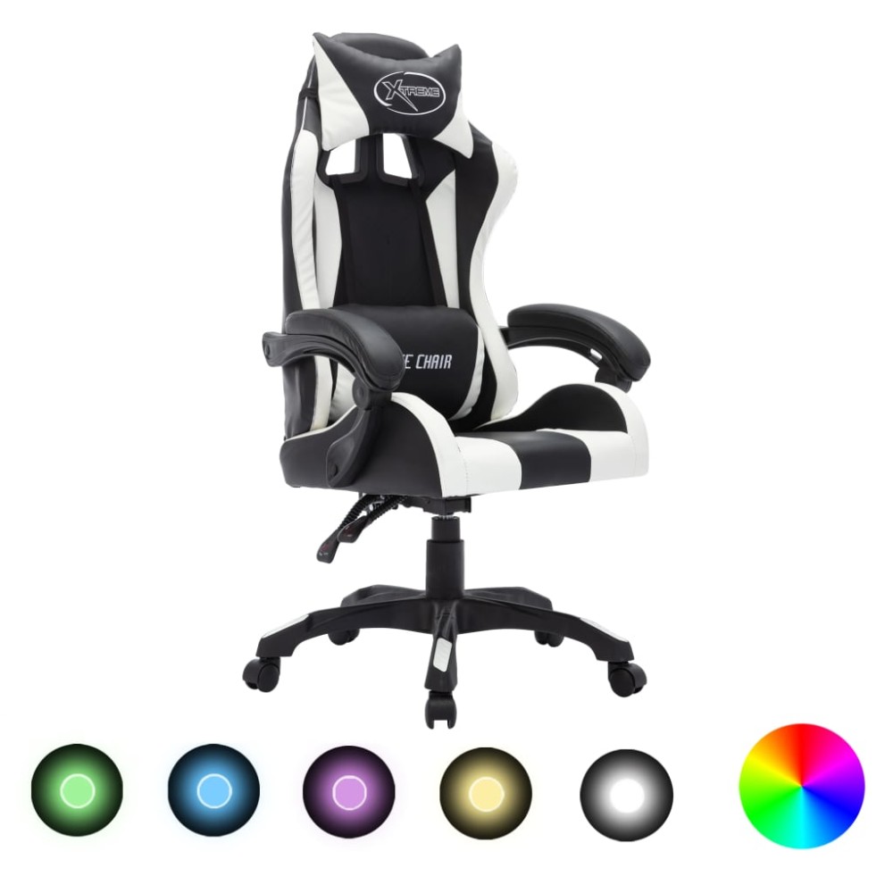vidaXL Scaun de racing cu LED RGB, alb și negru, piele ecologică