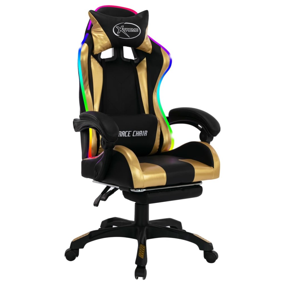 vidaXL Scaun de racing cu LED RGB, auriu și negru, piele ecologică