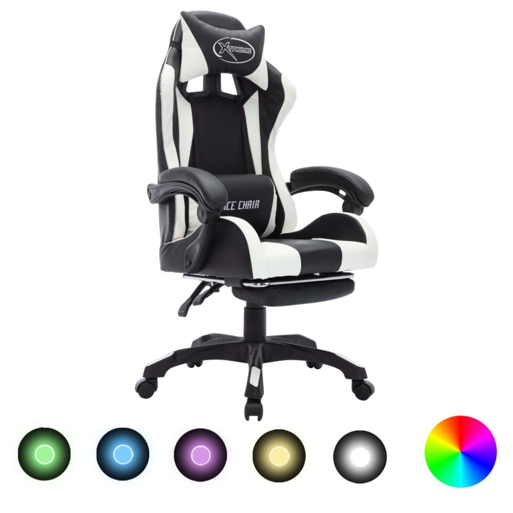 vidaXL Scaun de racing cu LED RGB, alb și negru, piele ecologică