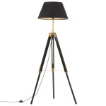 vidaXL Lampă de podea trepied, negru și auriu, 141 cm, lemn masiv tec vidaXL Lampă de podea trepied, negru și auriu, 141 cm, lemn masiv tec