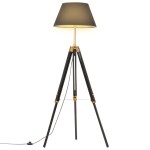 vidaXL Lampă de podea trepied, negru și auriu, 141 cm, lemn masiv tec vidaXL Lampă de podea trepied, negru și auriu, 141 cm, lemn masiv tec