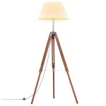 vidaXL Lampă de podea trepied, maro miere și alb, 141 cm, lemn de tec vidaXL Lampă de podea trepied, maro miere și alb, 141 cm, lemn de tec