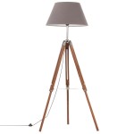 vidaXL Lampă de podea trepied, maro miere și gri, 141 cm, lemn de tec vidaXL Lampă de podea trepied, maro miere și gri, 141 cm, lemn de tec