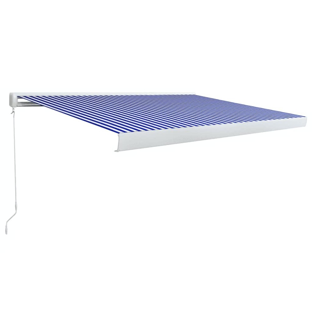 vidaXL Copertină manuală tip casetă, albastru și alb, 450 x 300 cm