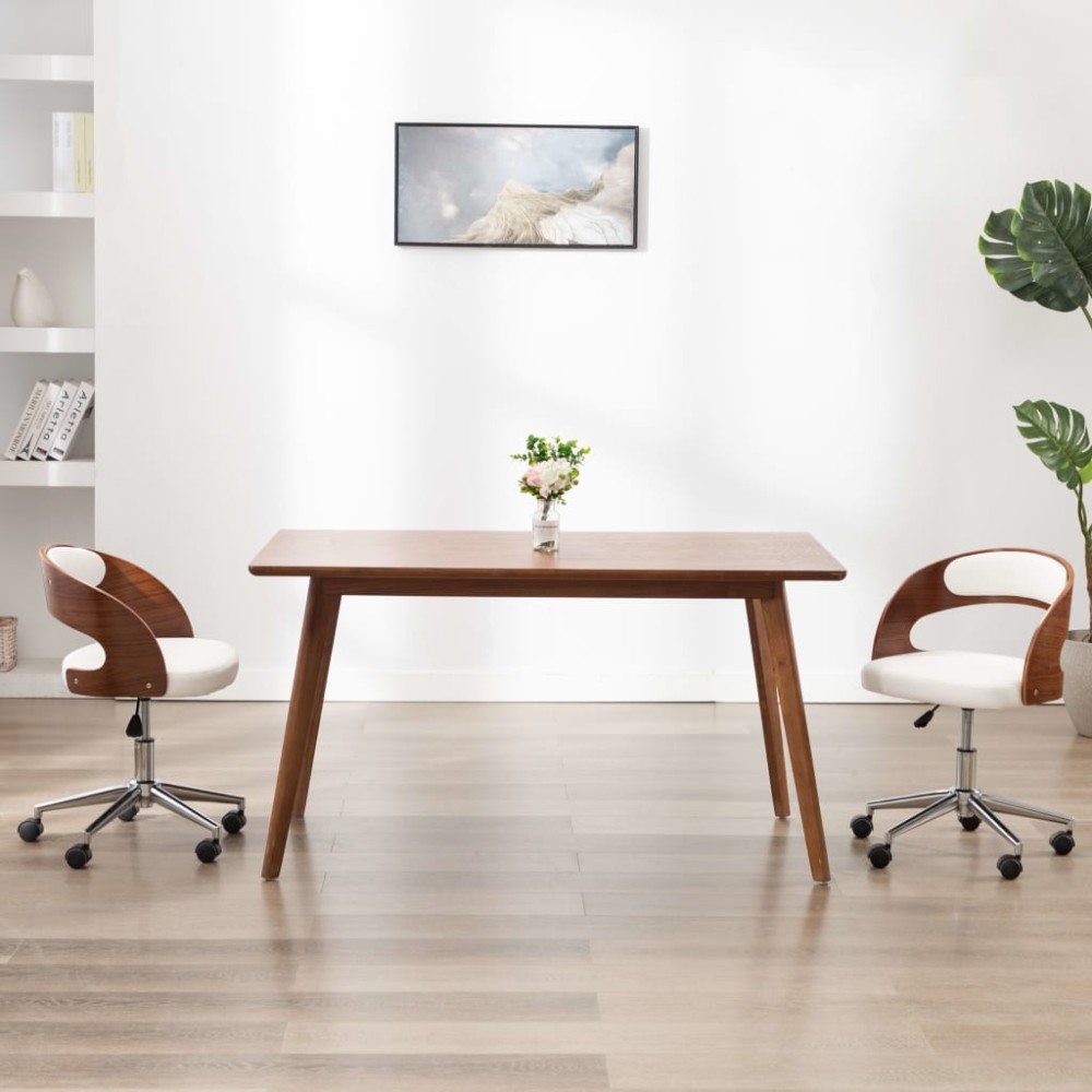 vidaXL Scaune pivotante, 2 buc. alb, lemn curbat & piele ecologică