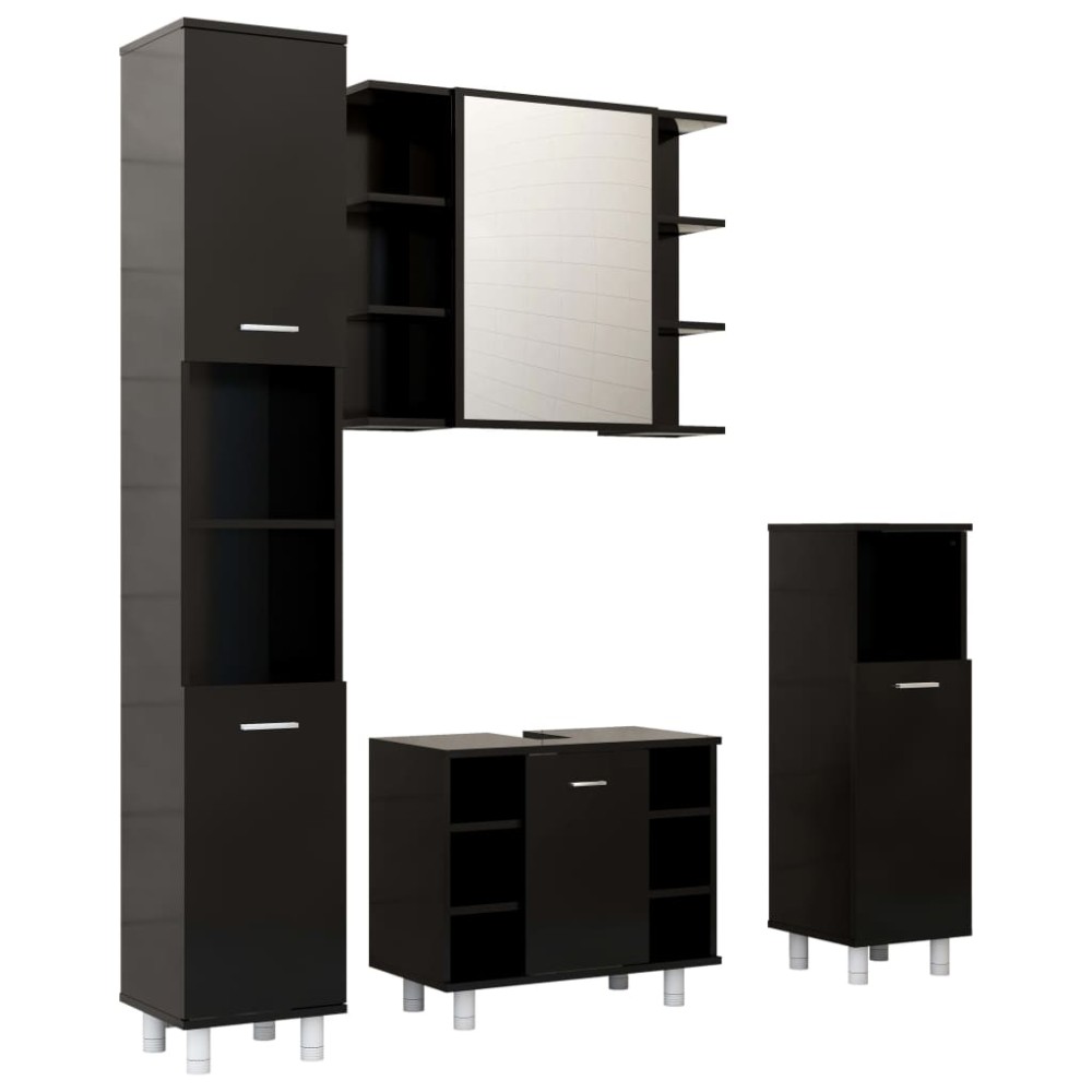 vidaXL Set mobilier de baie, 4 piese, negru, lemn prelucrat
