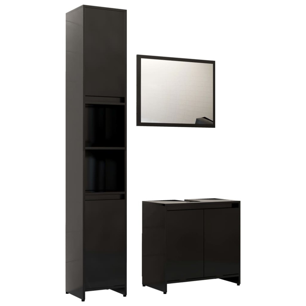 vidaXL Set mobilier de baie, 3 piese, negru, lemn prelucrat