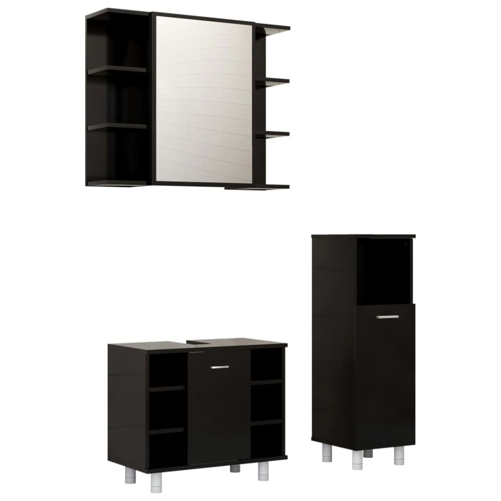 vidaXL Set mobilier de baie, 3 piese, negru, lemn prelucrat