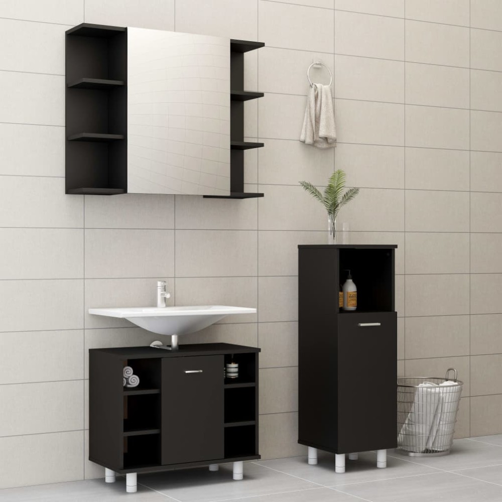 vidaXL Set mobilier de baie, 3 piese, negru, lemn prelucrat