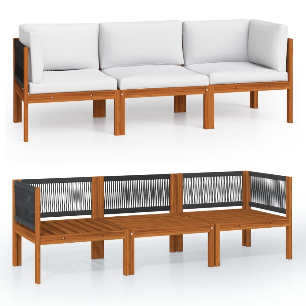 vidaXL Canapea de grădină cu 3 locuri și pernă din lemn de salcâm și frânghie