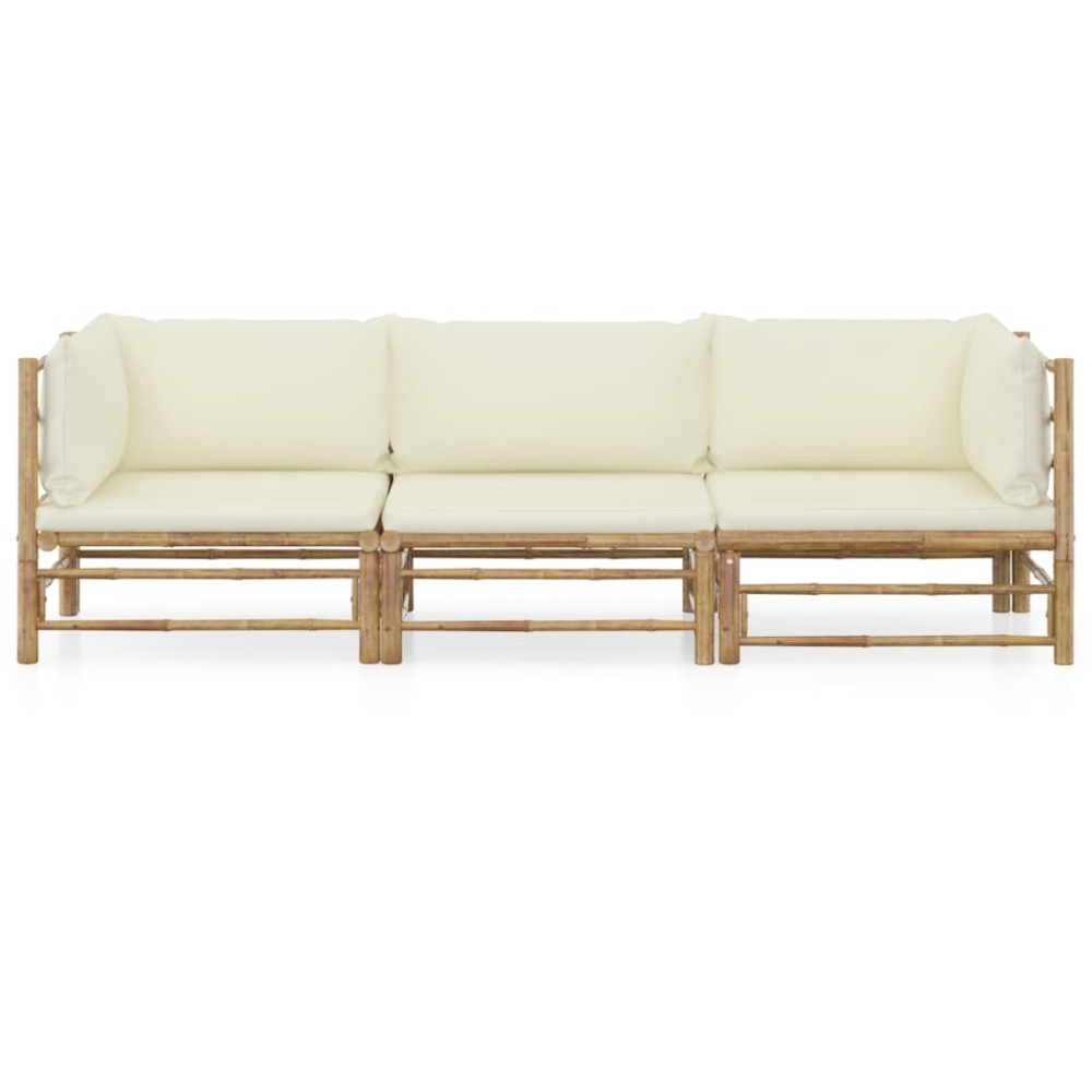 vidaXL Set mobilier de grădină, cu perne alb crem, 3 piese, bambus