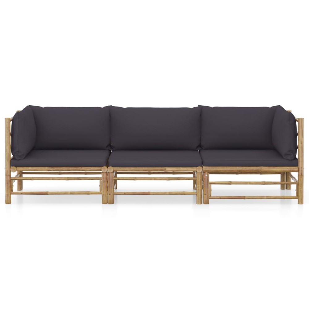 vidaXL Set mobilier de grădină, perne gri închis, 3 piese, bambus