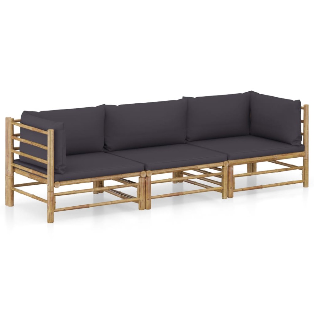 vidaXL Set mobilier de grădină, perne gri închis, 3 piese, bambus
