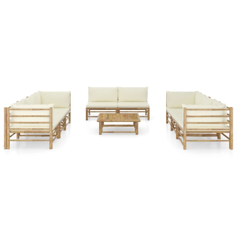 vidaXL Set mobilier de grădină, cu perne alb crem, 9 piese, bambus
