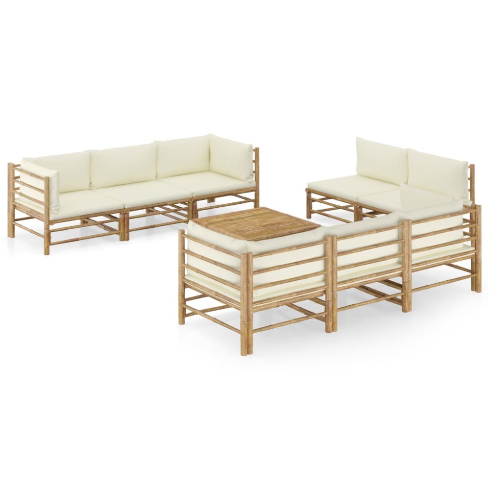 vidaXL Set mobilier de grădină, cu perne alb crem, 9 piese, bambus