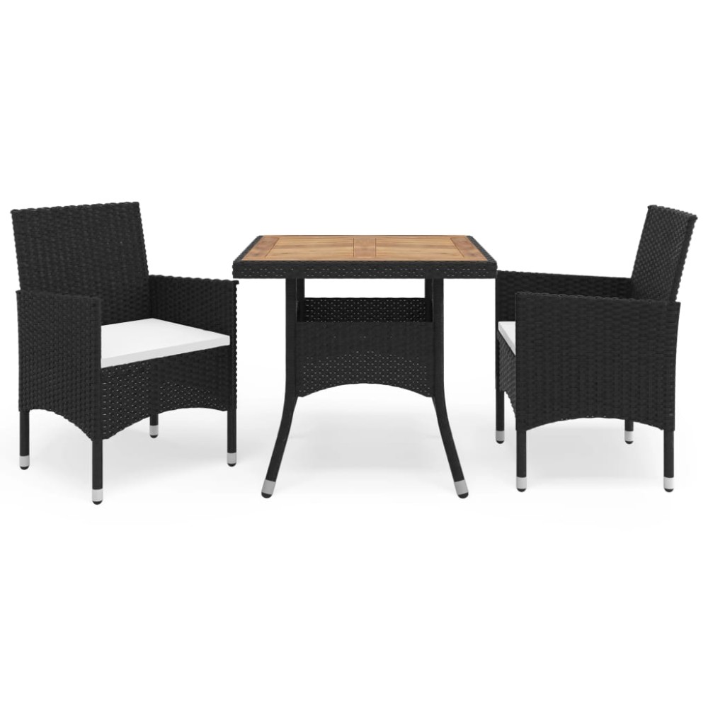 vidaXL Set mobilier grădină, 3 piese, negru, poliratan și lemn acacia