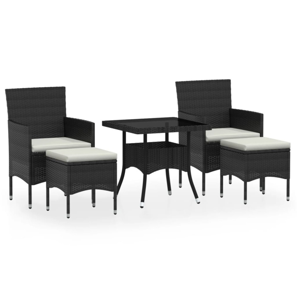 vidaXL Set mobilier grădină, 5 piese, negru, poliratan/sticlă tratată