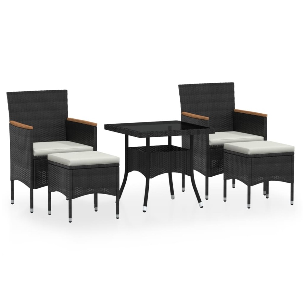 vidaXL Set mobilier grădină, 5 piese, negru, poliratan/sticlă tratată