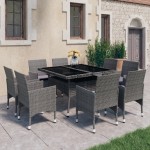 vidaXL Set mobilier de grădină, 9 piese, gri, poliratan și sticlă vidaXL Set mobilier de grădină, 9 piese, gri, poliratan și sticlă
