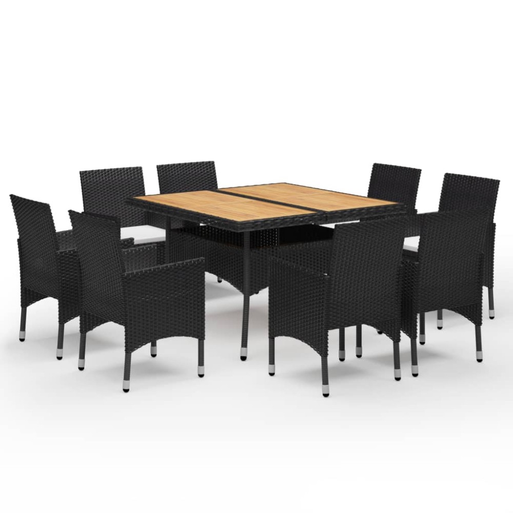 vidaXL Set mobilier grădină, 9 piese, negru, poliratan și lemn acacia