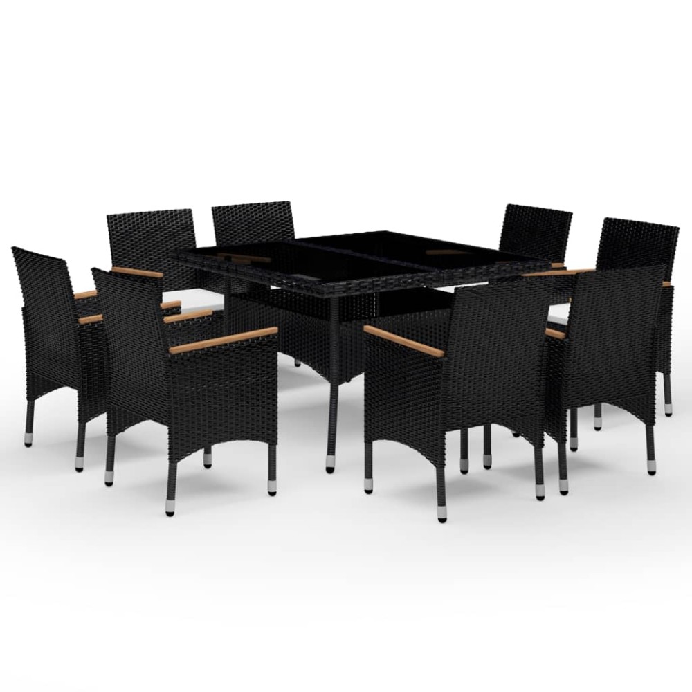 vidaXL Set mobilier grădină, 9 piese, negru, poliratan și lemn acacia
