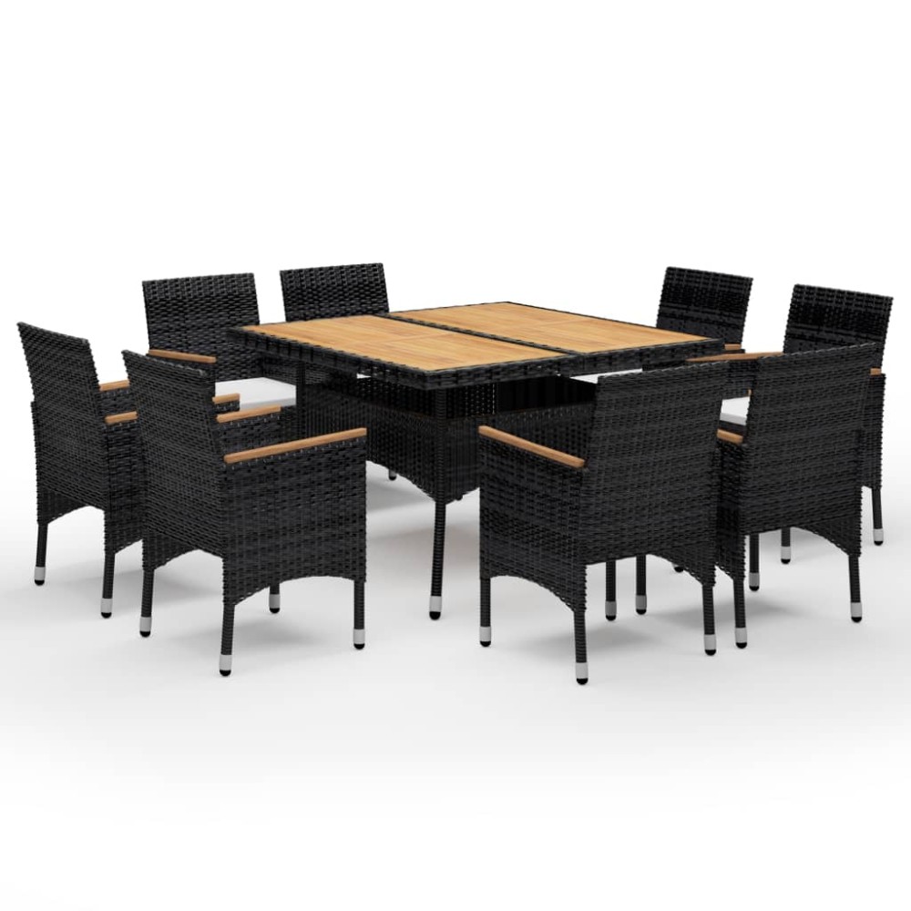 vidaXL Set mobilier grădină, 9 piese, negru, poliratan și lemn acacia