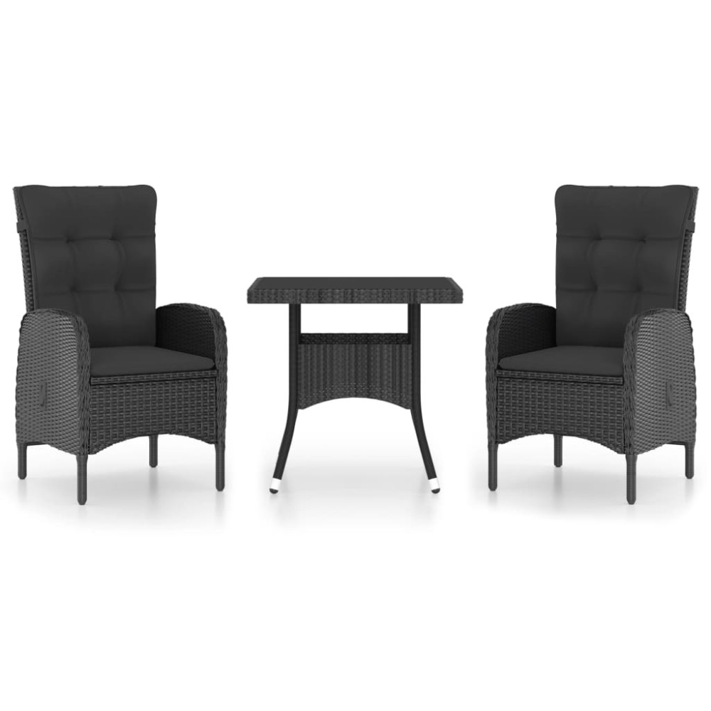 vidaXL Set mobilier grădină, 3 piese, negru, poliratan și sticlă