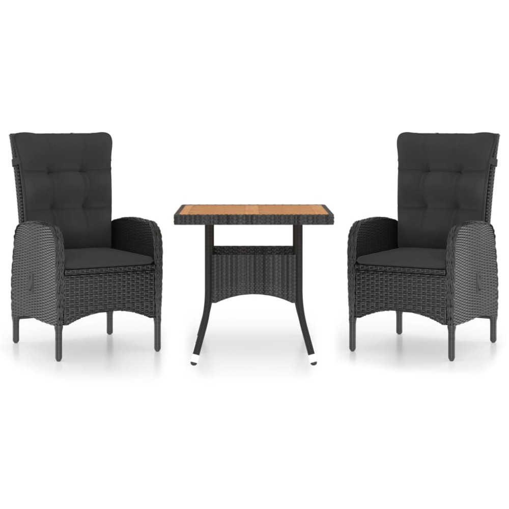 vidaXL Set mobilier grădină, 3 piese, negru, poliratan și lemn acacia