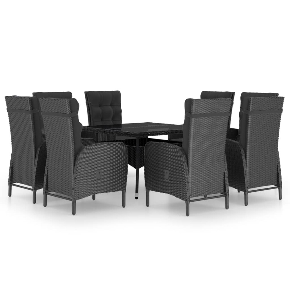 vidaXL Set mobilier grădină, 9 piese, negru, poliratan, lemn acacia