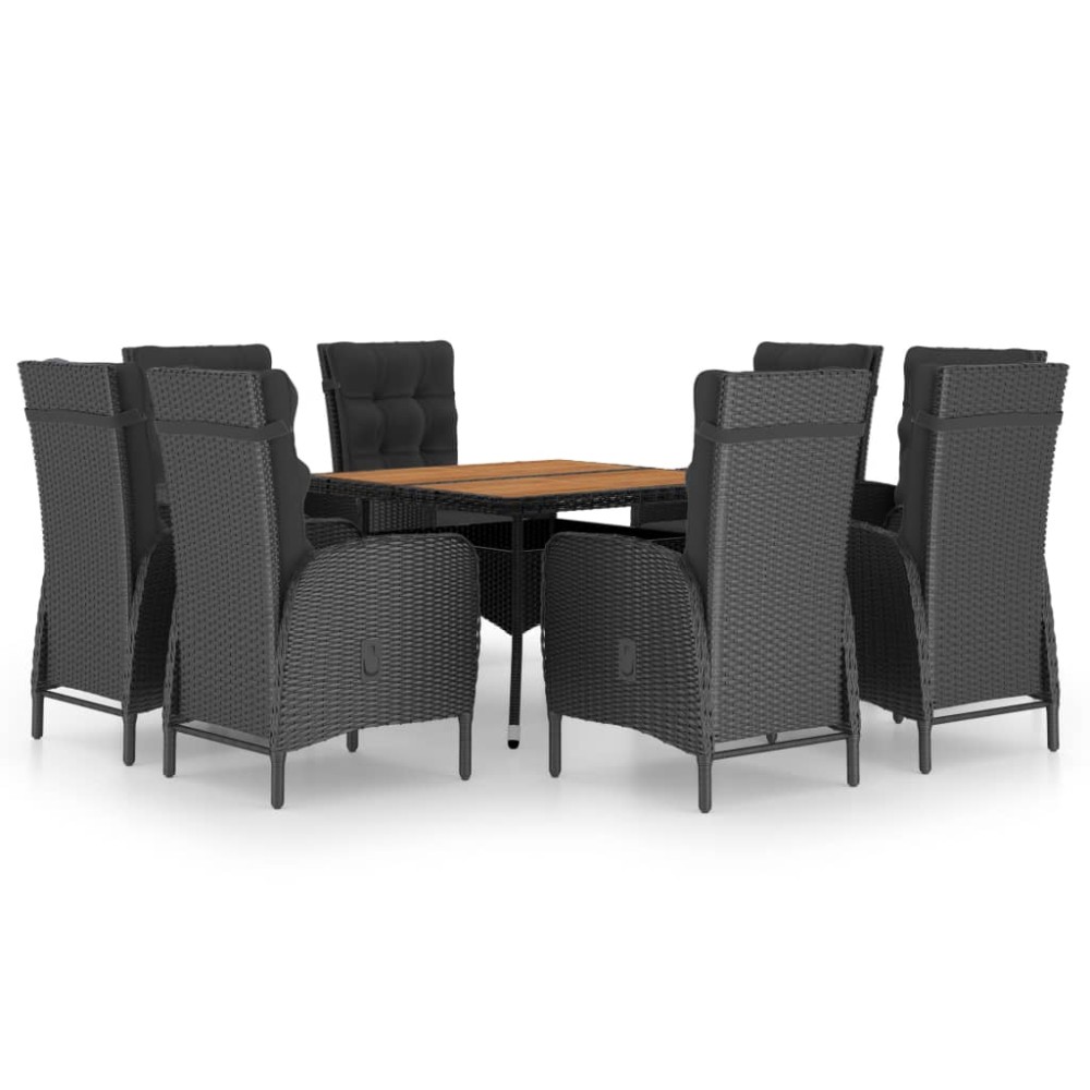 vidaXL Set mobilier grădină, 9 piese, negru, poliratan și lemn acacia
