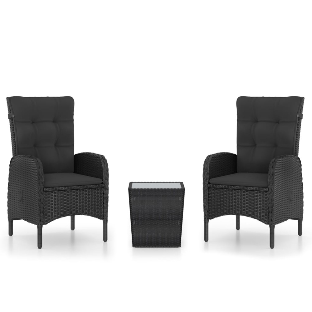 vidaXL Set mobilier grădină, 3 piese, negru, poliratan și sticlă