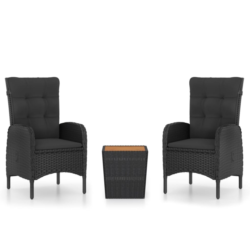 vidaXL Set mobilier grădină, 3 piese, negru, poliratan și lemn acacia