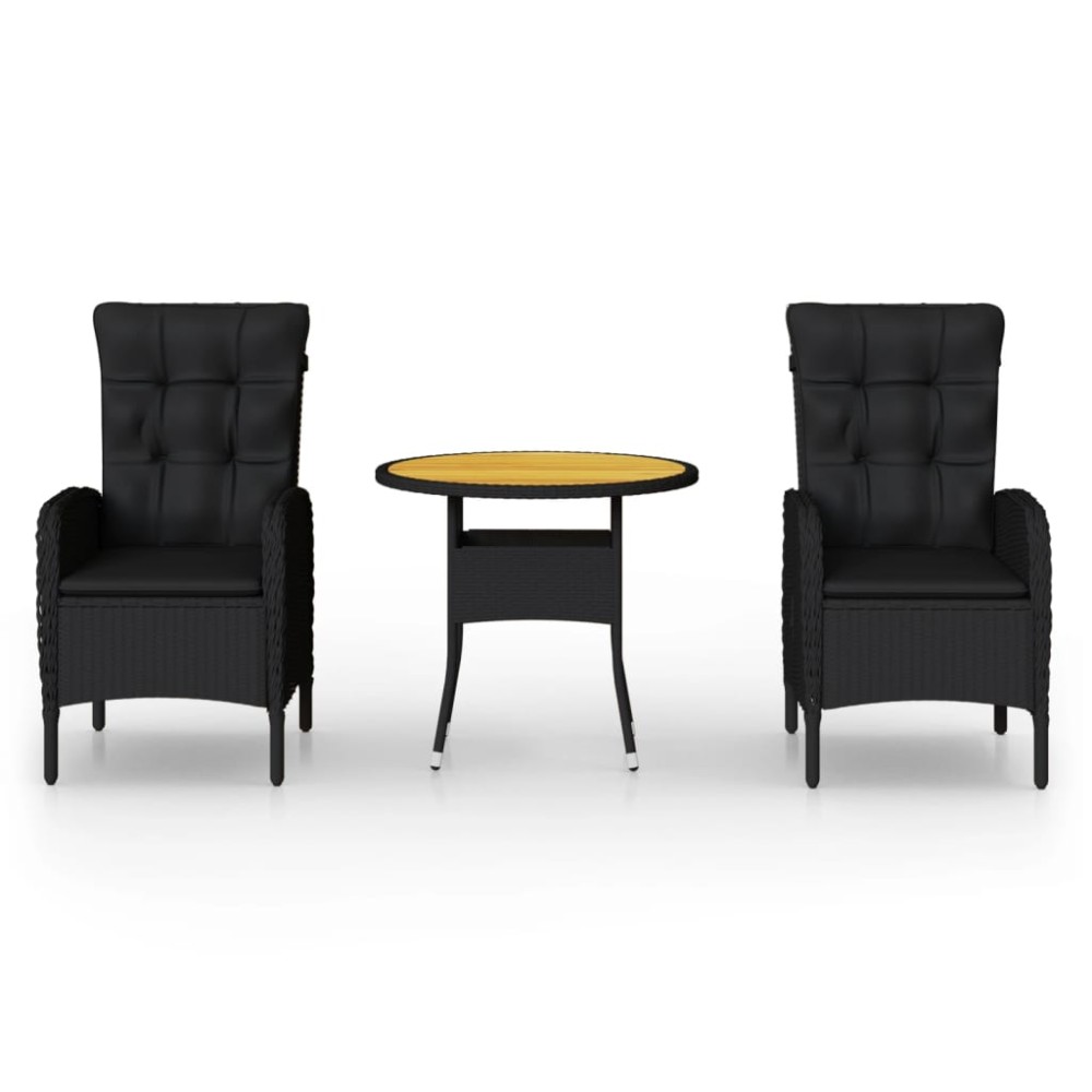 vidaXL Set bistro de grădină, 3 piese, negru, poliratan