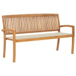 vidaXL Bancă de grădină stivuibilă cu pernă, 159 cm, lemn masiv de tec