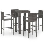 vidaXL Set bar exterior cu cotieră, 5 piese, gri, poliratan