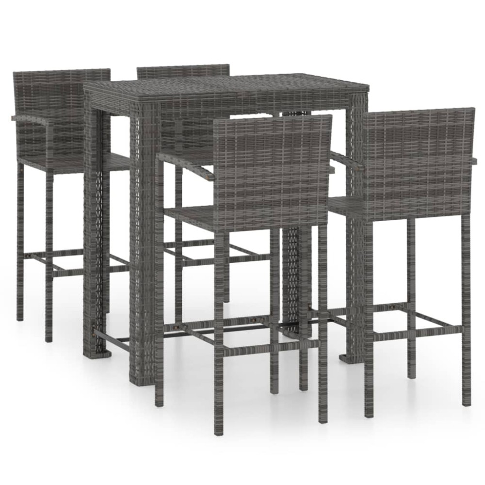 vidaXL Set bar exterior cu cotieră, 5 piese, gri, poliratan