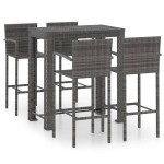 vidaXL Set bar exterior cu cotieră, 5 piese, gri, poliratan