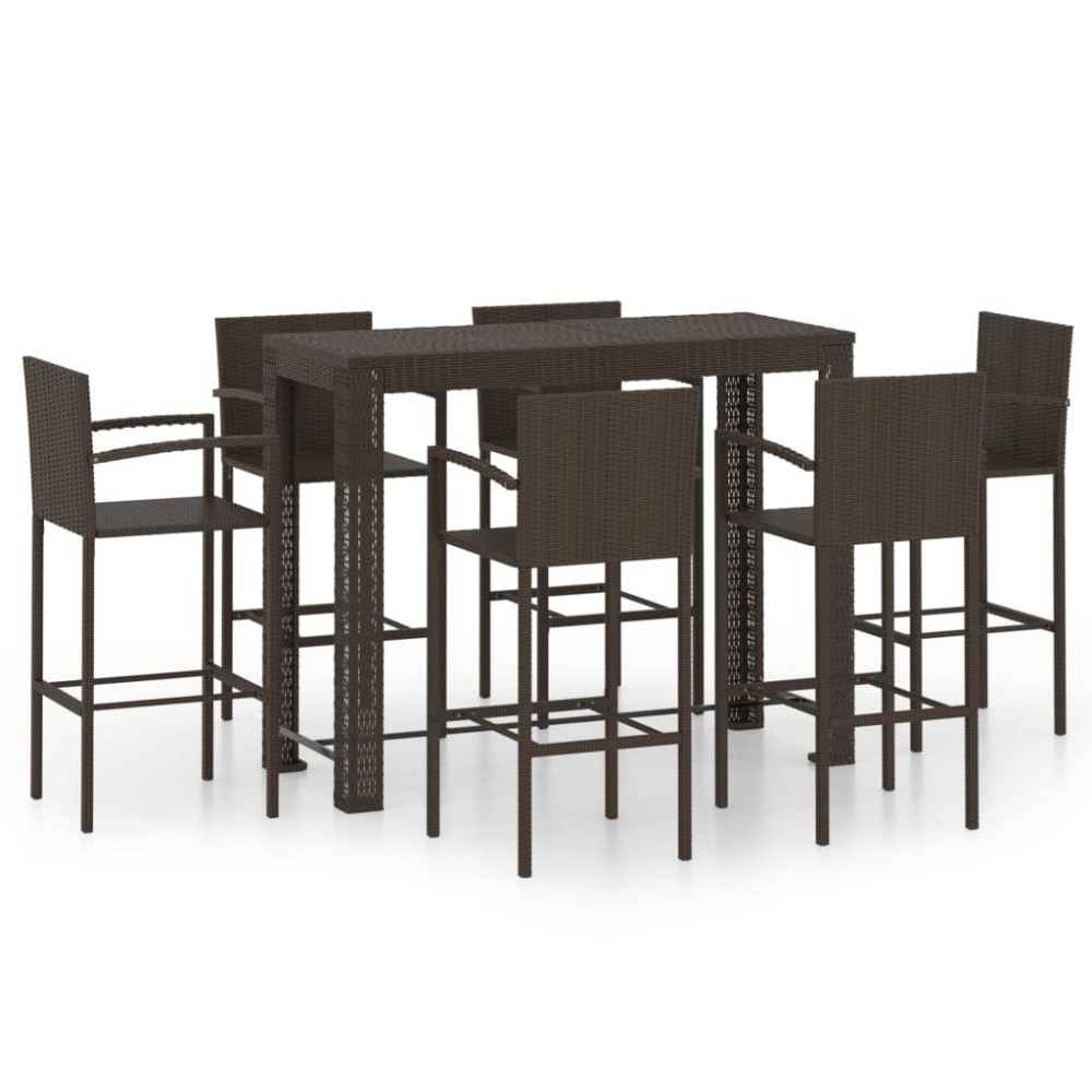 vidaXL Set bar exterior cu cotieră, 7 piese, maro, poliratan