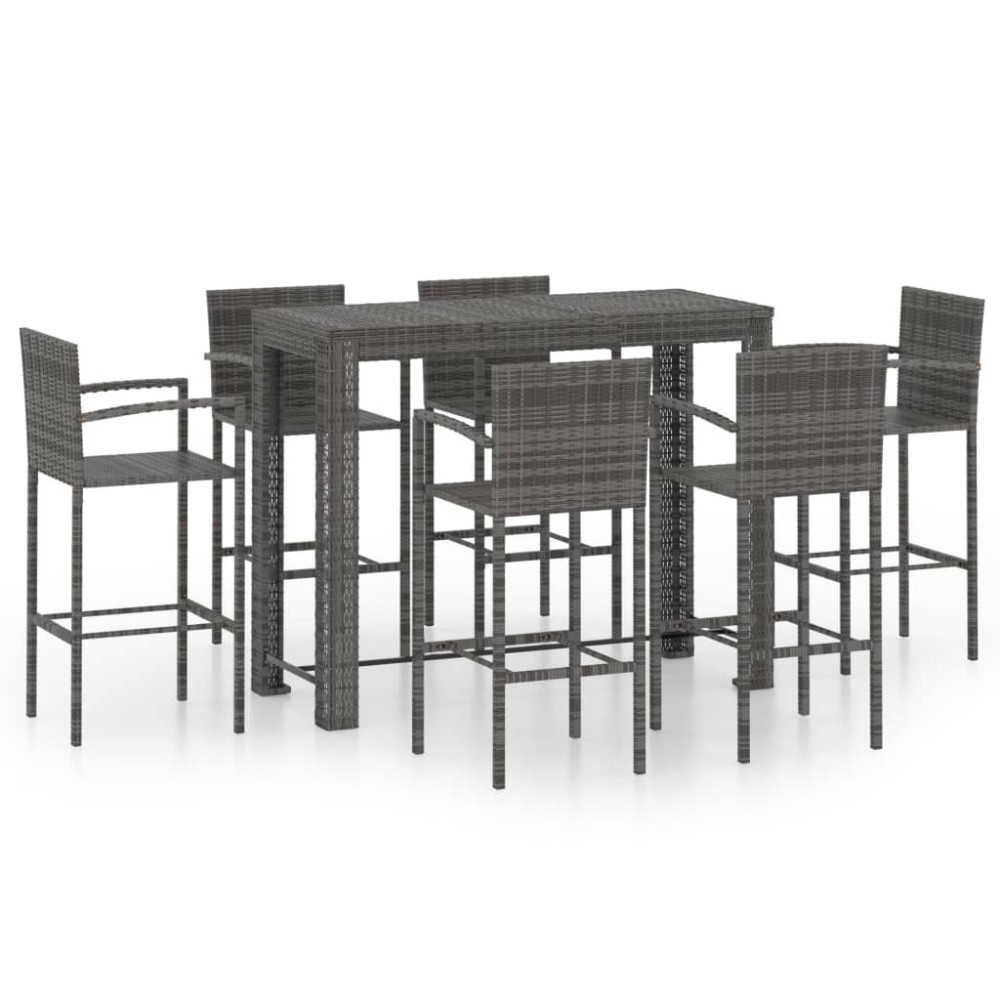 vidaXL Set bar exterior cu cotieră, 7 piese, gri, poliratan