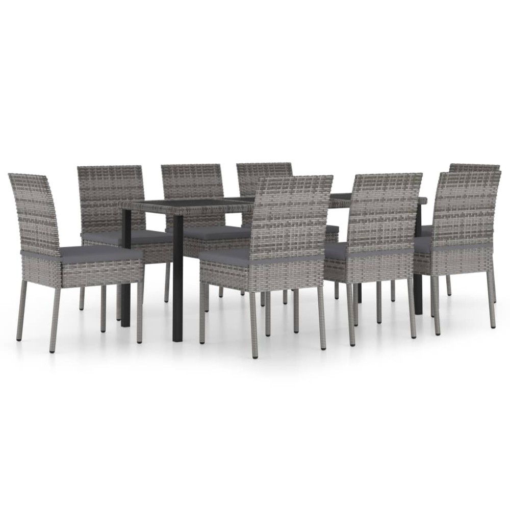 vidaXL Set mobilier de masă pentru grădină, 9 piese, gri, poliratan
